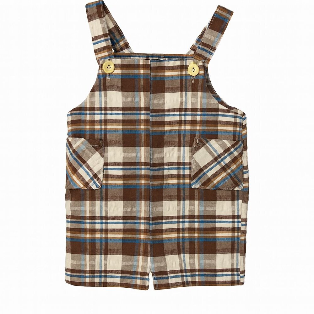 Vintage Donmoor Boys 4T Plaid Shortall Overalls Brown Blue Retro Style